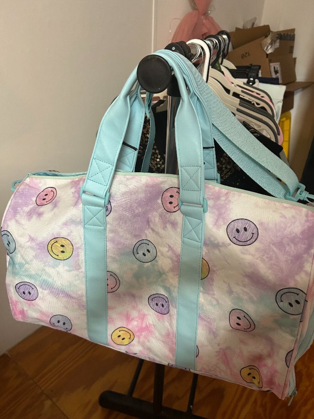 Pastel Tie-Dye Smiley Face Duffle Bag | Weekender | Gym | Travel Bag - Picture 1 of 4
